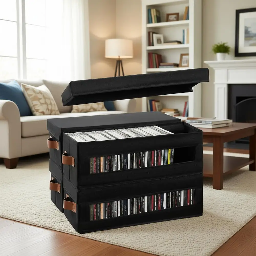

Stackable CD Storage Box with Window, Holds 148 CDs, Dustproof Lid and Handles, 15.75 x 6.10 x 5.31, Black