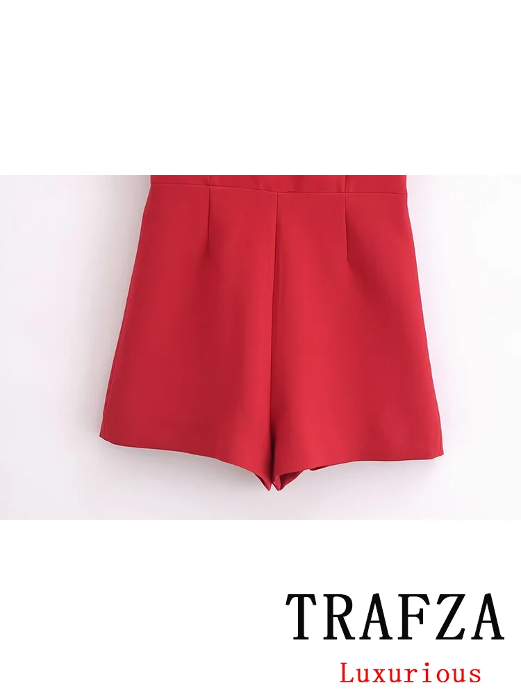 TRAFZA Vintage Casual Chic Women Red Solid O-Neck Bow Backless Straight Fashion 2024 Spring Summer Wide Leg Women Bodysuit