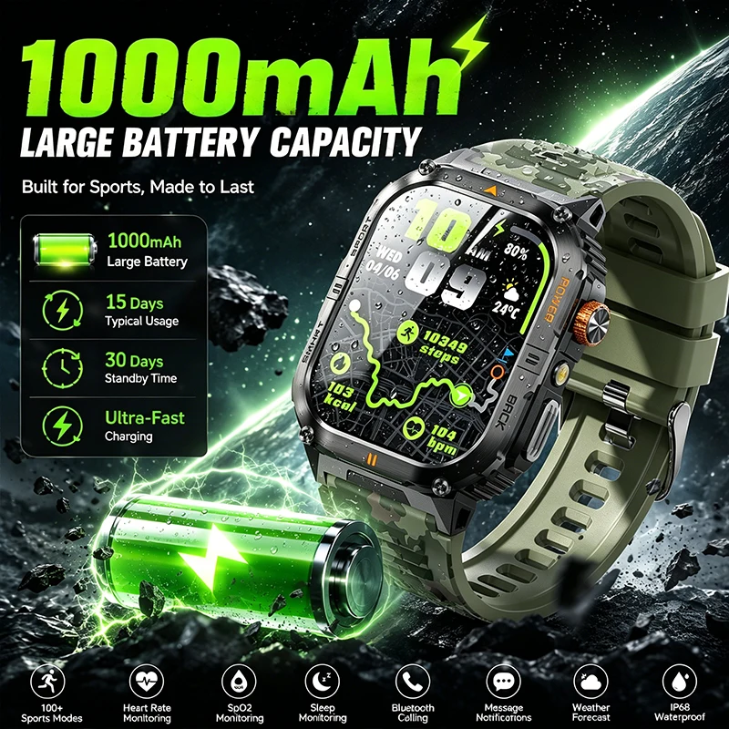 

2026 New Smart Watch Information Push 1000mAh Fast Charge Bluetooth Call LED Light IP68 Waterproof 100+ Sports Modes Smart Watch