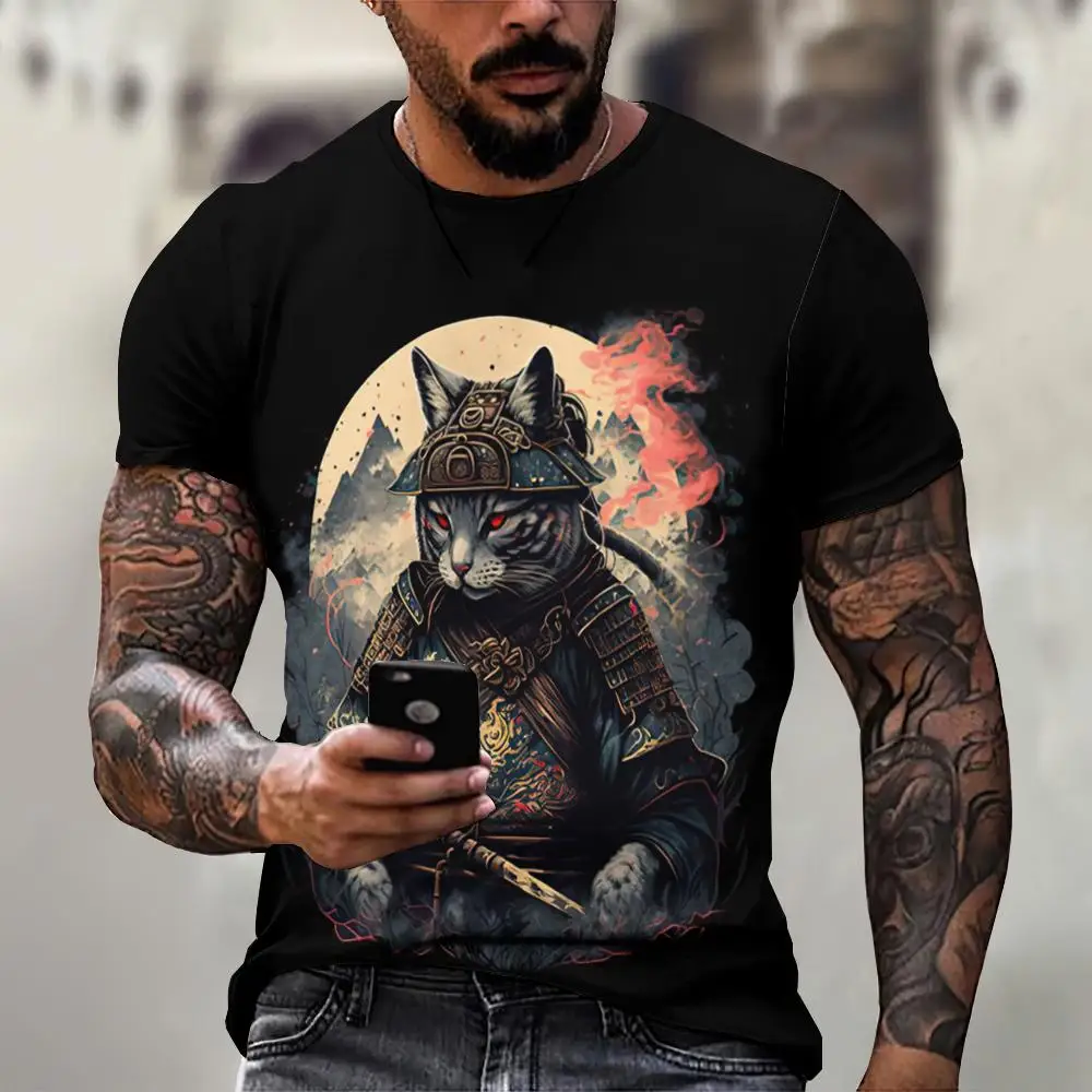 Animal T-Shirts For Men Summer Short Sleeve Tee Japanese Samurai Pattern Print Oversized Clothing Fashion Casual Streetwear