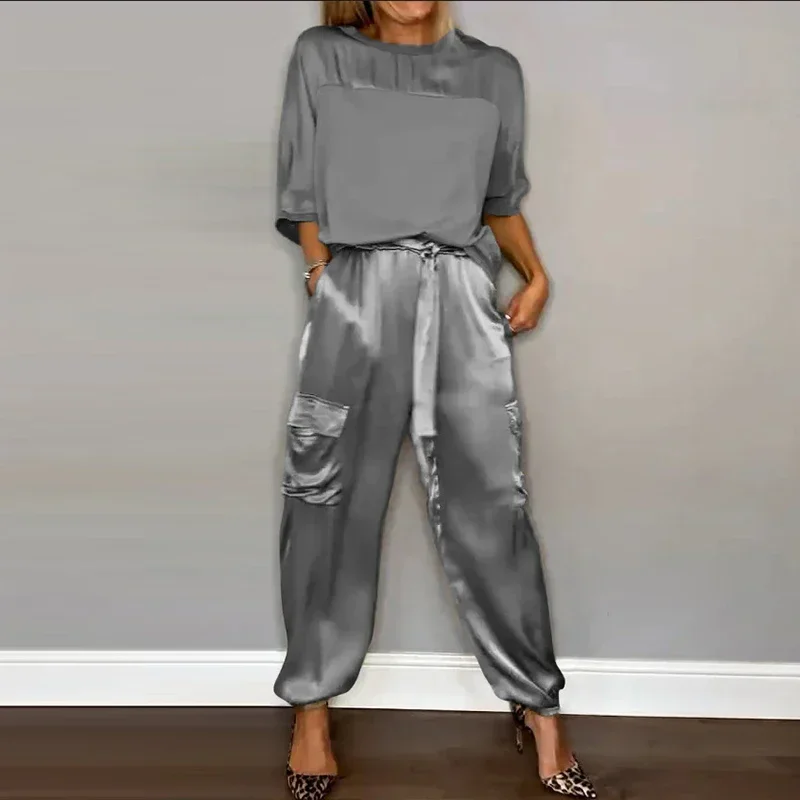 Smooth Satin Two Piece Sets Women Elegant Short Sleeve Blouse & Pocket Long Pants Set Summer O-neck Lace-up Outfits Casual Suit