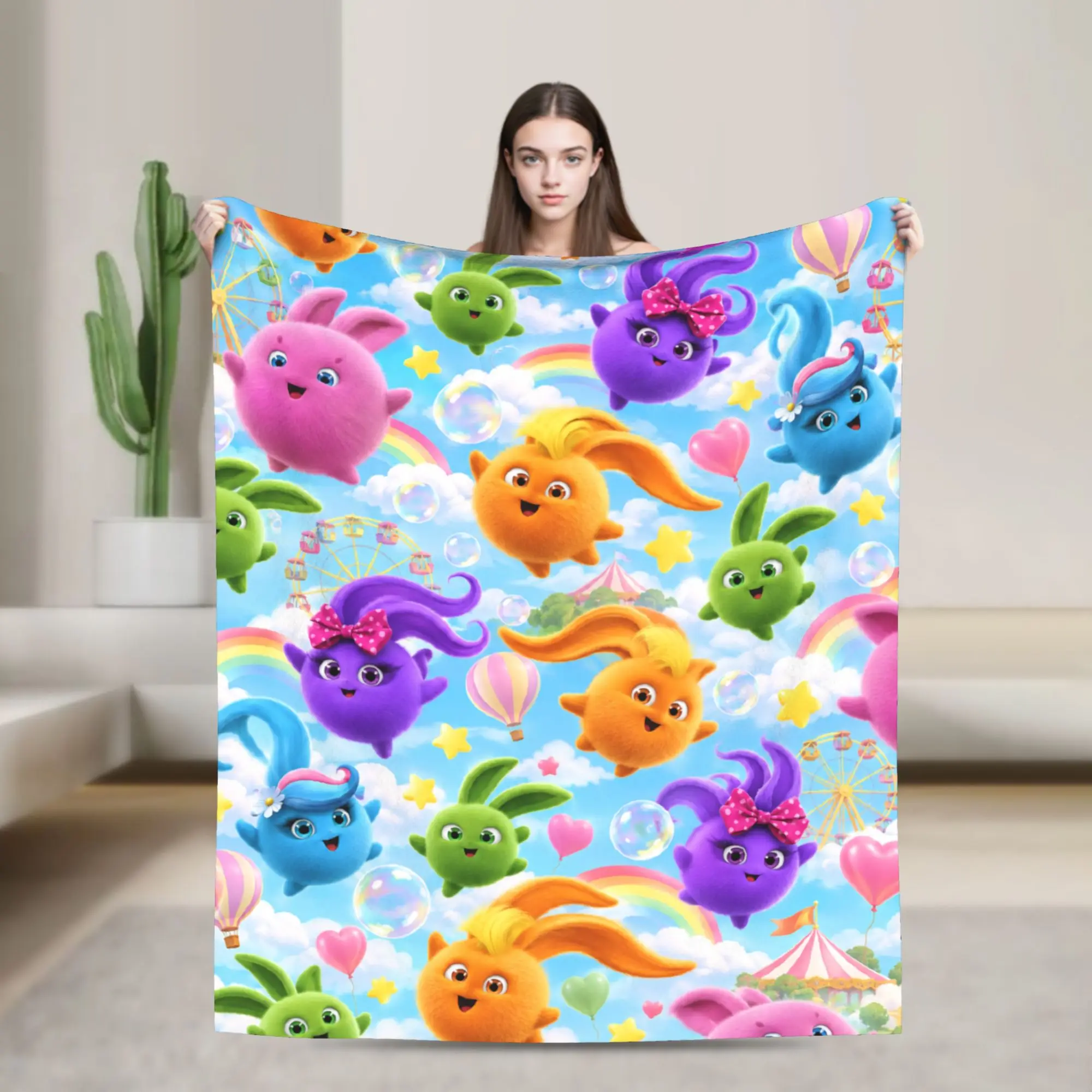 Sunny Bunnies Rainbow Balls Flannel Blanket Winter  Soft Throw Blanket for Kids Couch Bed Street Trend Bedspread Sofa Bed Cover