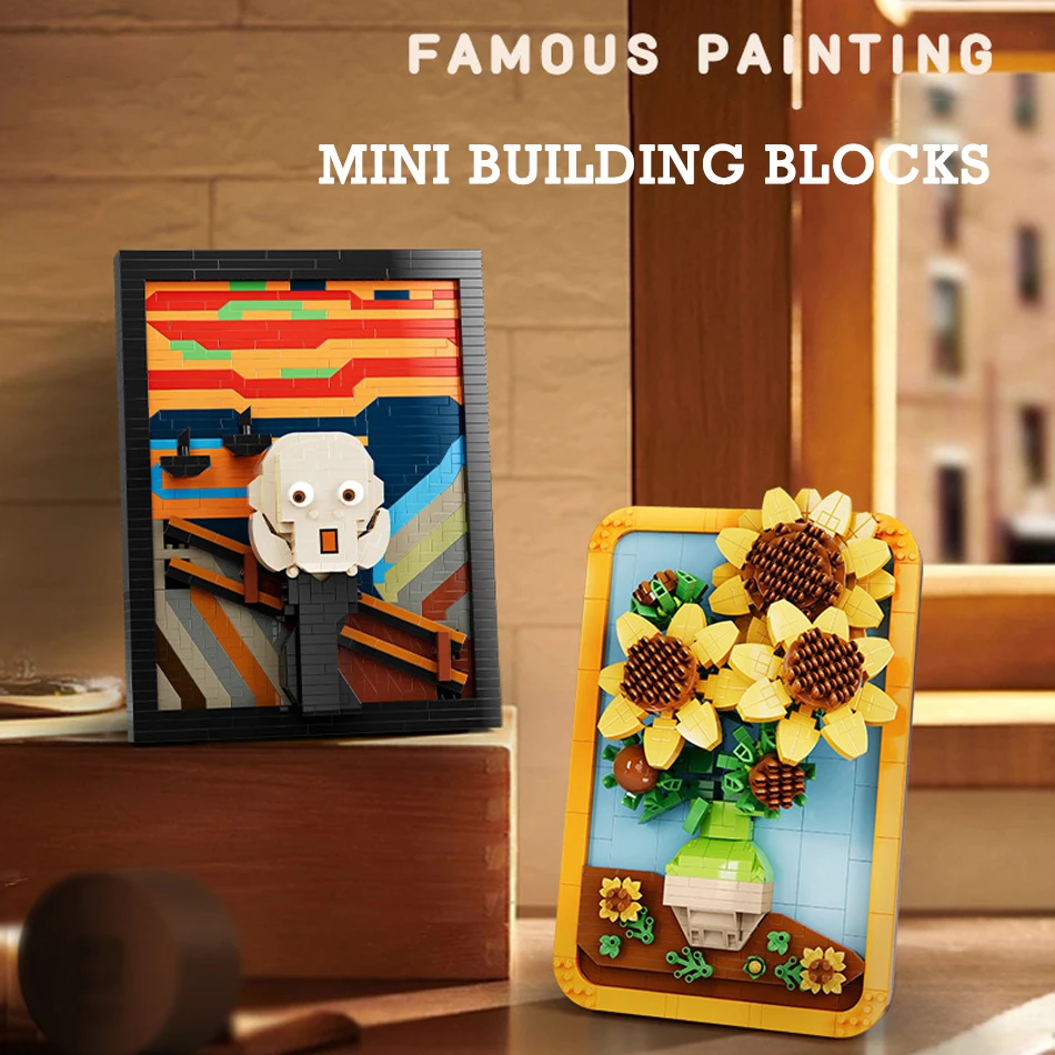 

Ideas Vincent Van Gogh Sunflowers Mini Building Blocks with Frame The Scream Art Painting Microbricks Educational Toys Kids Gift