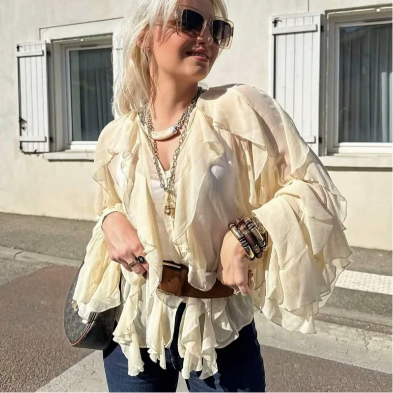 

New European and American Spring Summer 's V-neck Layered Decorative Versatile Long Sleeve Shirt Pullover Top for Women