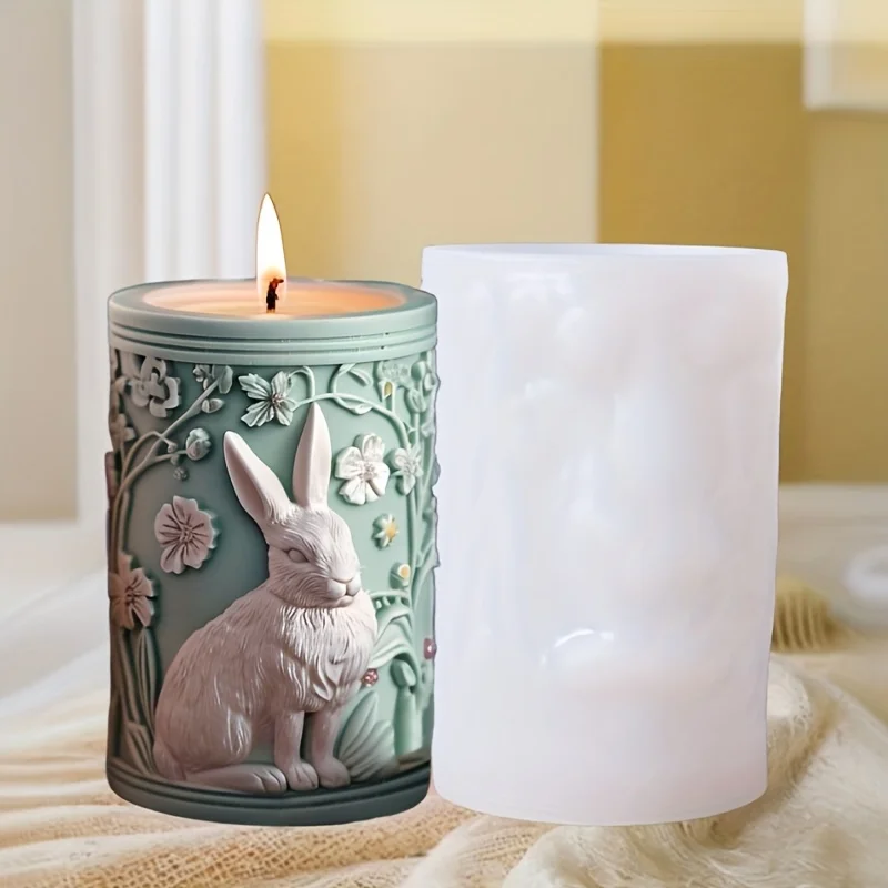3D Lace Flower Rabbit Relief Cylinder Candle Silicone Mold Plant Vine Flower Easter Rabbit Statue Cylinder Resin Gypsum Molds