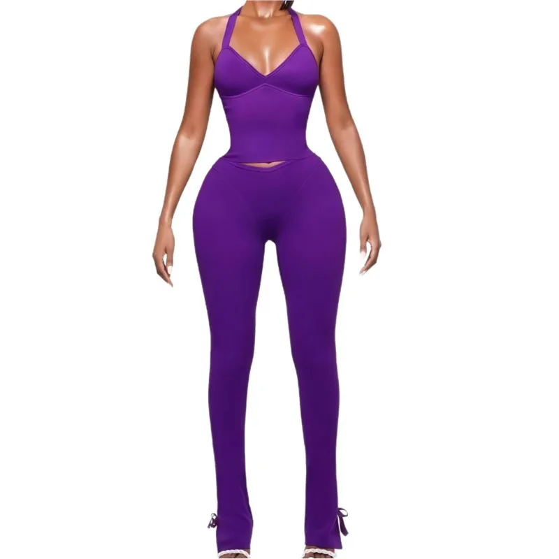 Silm – tenue deux pièces pour femmes, ensemble 2 pièces assorti, couleur unie, col licou, hauts sans manche, Leggings, épaules dénudées, nouvelle collection