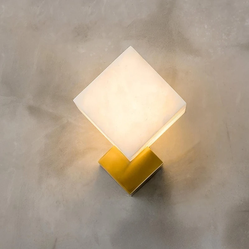 

Postmodern Copper Base LED Wall Lamp Square Natural Marble Light Spain Minimalist Living Room Bedroom Corridor Restaurant Sconce