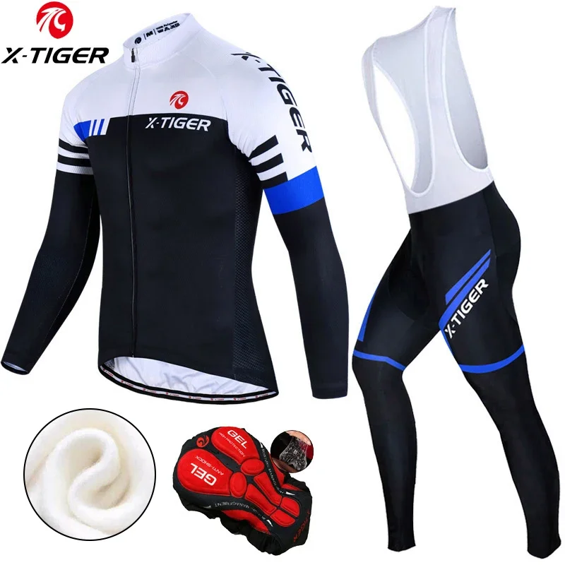 X-Tiger Racing Bicycle Clothing Set Spring Thermal Fleece Cycling Jersey Set Cycling Clothing Super Warm Mountain Bike Wear