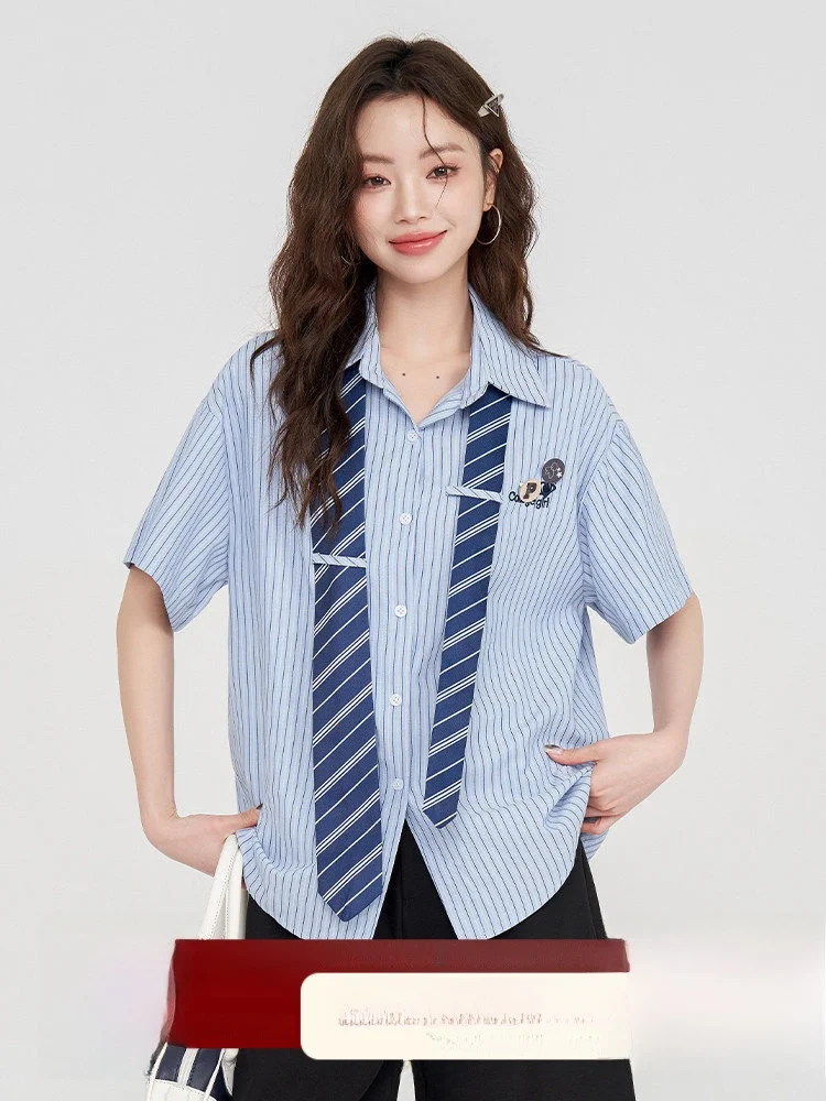 

Синяя полосатая свободная рубашка с коротким рукавом и круглым вырезом, женская летняя повседневная модная уникальная элегантная блузка от Mi Xiaoke