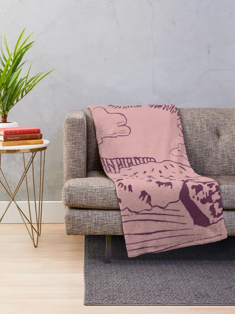 Japanese Garden with Pagoda Linocut Print - Beet + Rose Throw Blanket Moving Thermals For Travel Blankets