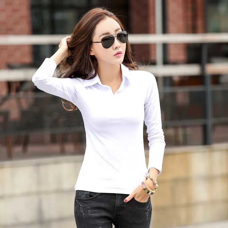 Lente Herfst Nieuwe Dames POLO Shirt Koreaanse Stijl Slim Fit Revers Losse Lange Mouw Dieptepunt T-shirt Top