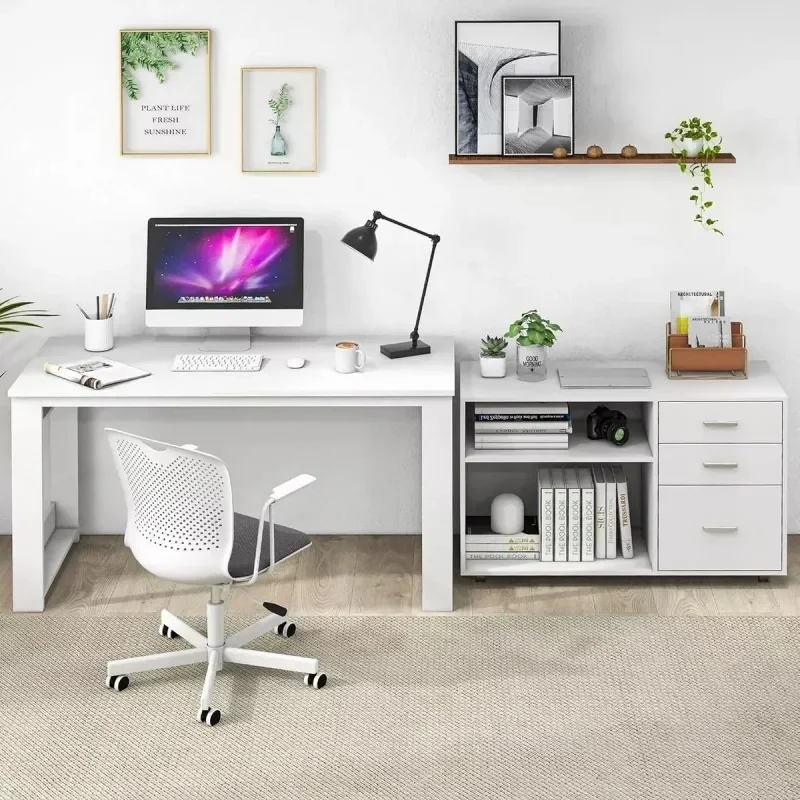 Integrated Desk with Bookshelf and Side Cabinet Wooden Computer Writing Table for Student Home Office Study Room