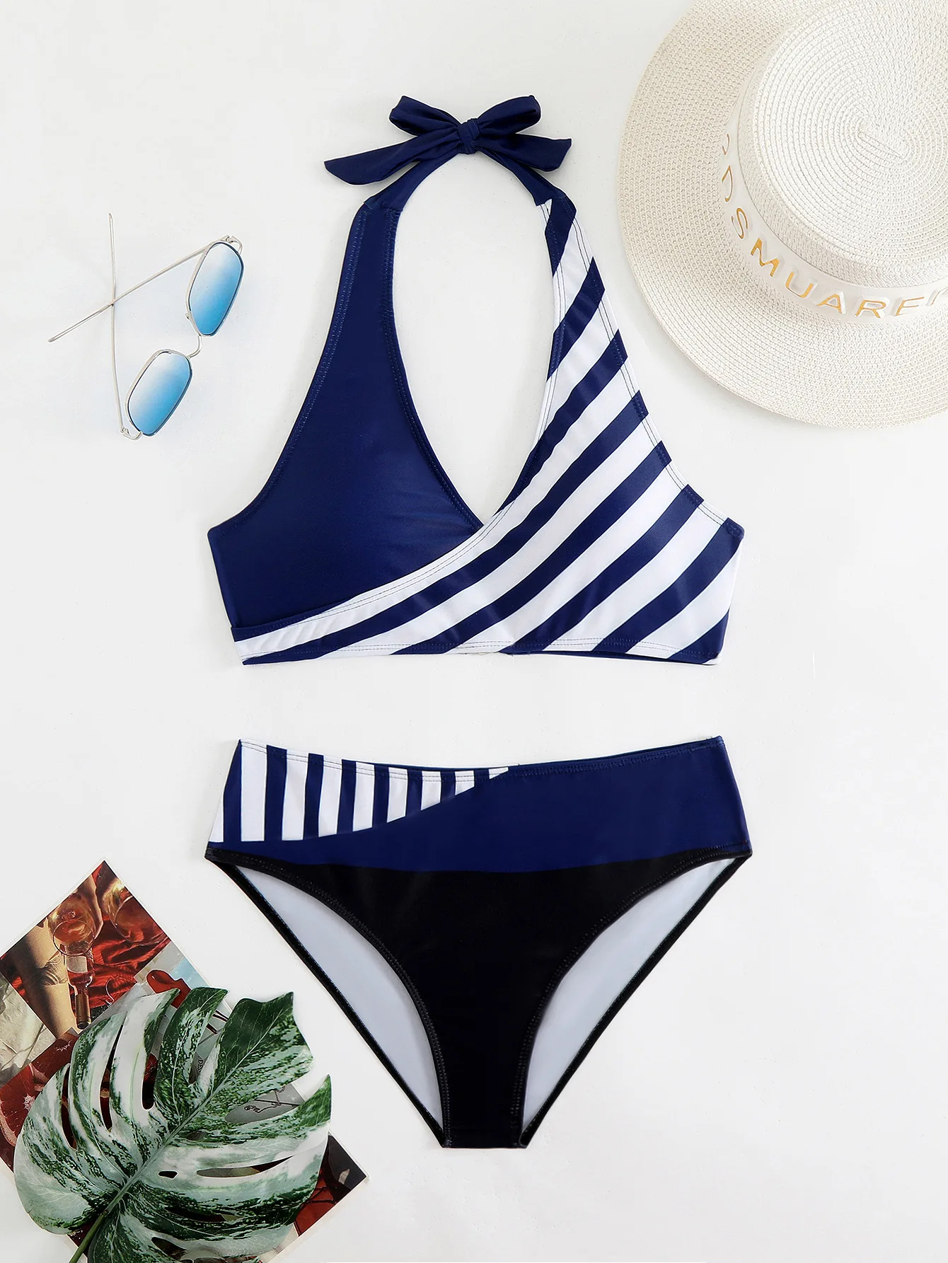 

Halter High Waist Swimsuit Women Retro Two Piece Bathing Suit Striped Bikini Set Tummy Control Color Block Halter Swimwear 2025