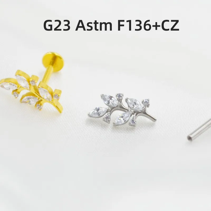 

10pcs Body Jewelry 16G G23 Titanium New Leaf CZ Gems Lip Labret Bar Ear Helix Tragus Rook Barbells Stud Body Piercing Jewelry