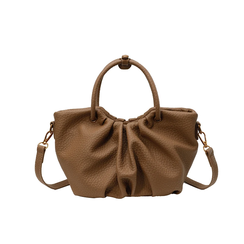 

2025 Autumn Winter Lichee Pattern Pu Leather Pleated Handbag Vintage Daily Work Commute Tote & Crossbody Bag for Women Sac