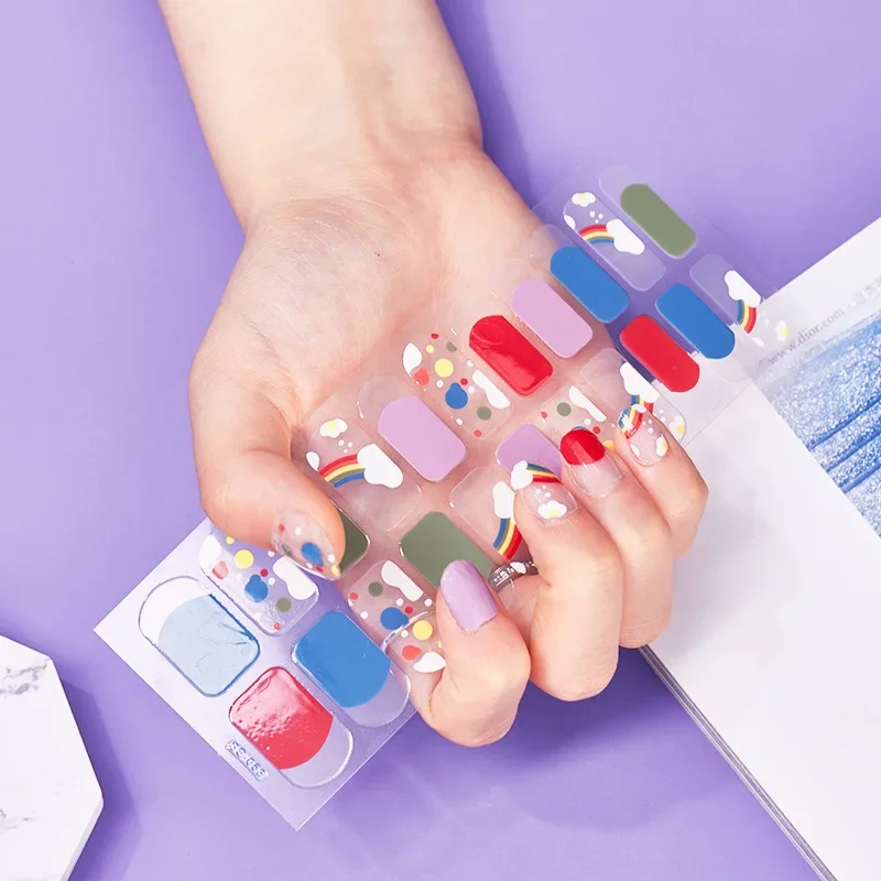 Spring and Summer New Nail Art Stickers Full Rainbow Style Cute Nail Stickers 22 Small Stickers Long Style for Woman & Girl