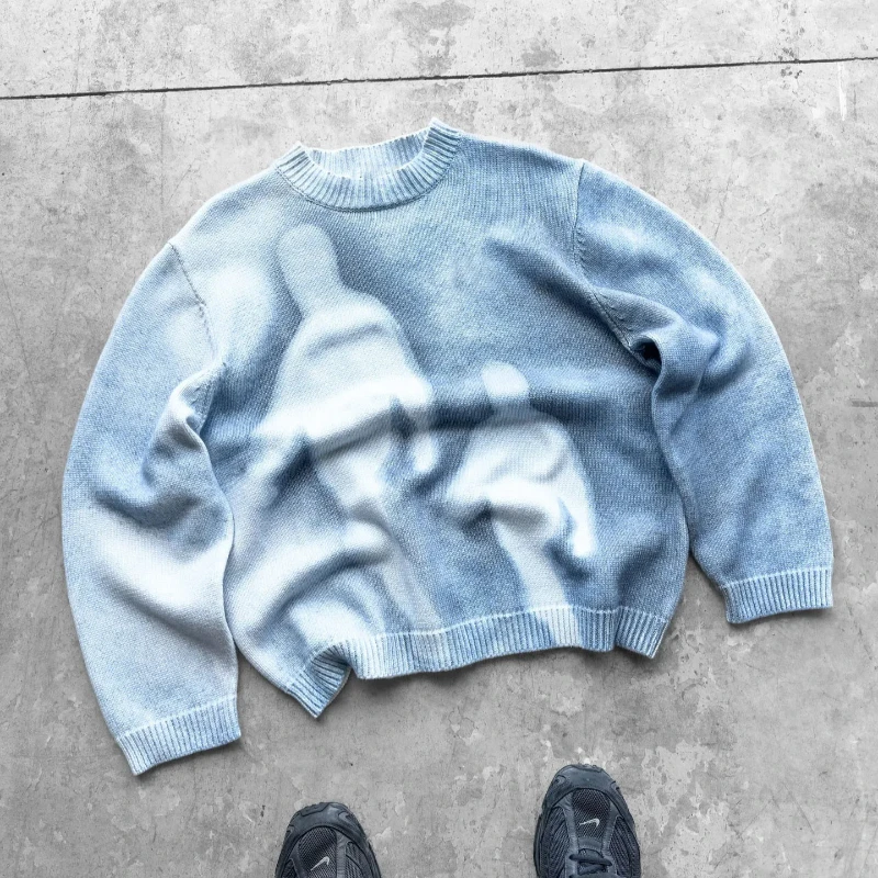 

Градиентный абстрактный художественный портретный узор, свободный вязаный пуловер, европейский уличный панк-готический свитер с круглым вырезом и длинными рукавами