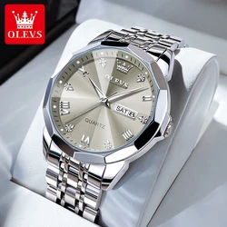 OLEVS-Reloj de cuarzo para hombre, cronógrafo informal, Original, de acero inoxidable, resistente al agua, luminoso, con fecha y semana