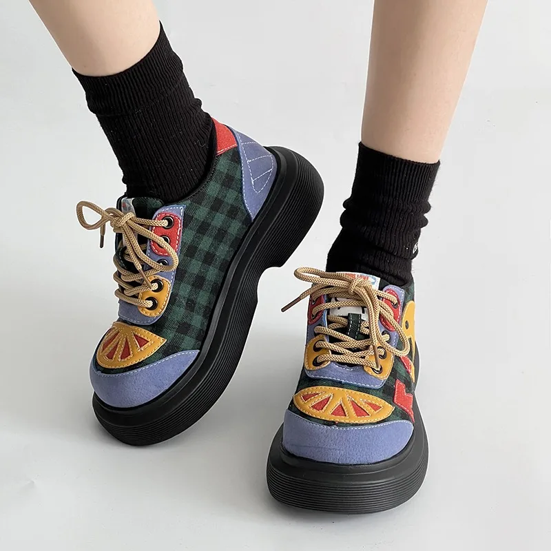 Women's Vintage Comfortable High Heel Sneakers Women Fashionable Color Blocking Shallow Mouth Vulcanized Shoes Spring and Autumn