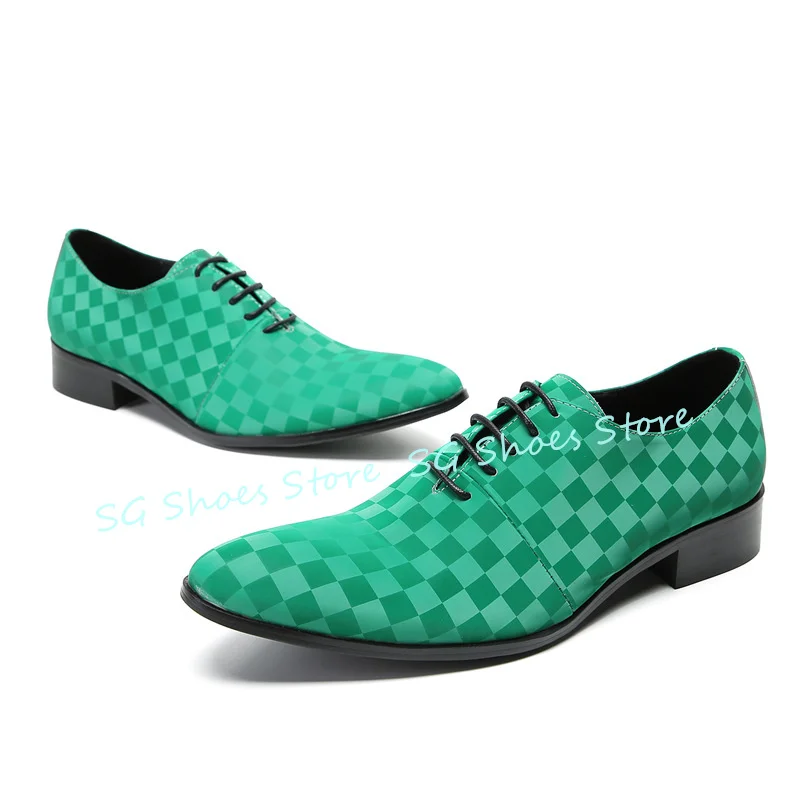 

Green Checkered Lace-Up Brogue Leather Shoes for Men Fashion Round Toe Chunky Heel Shallow Oxfords Male Wedding Dress Shoes