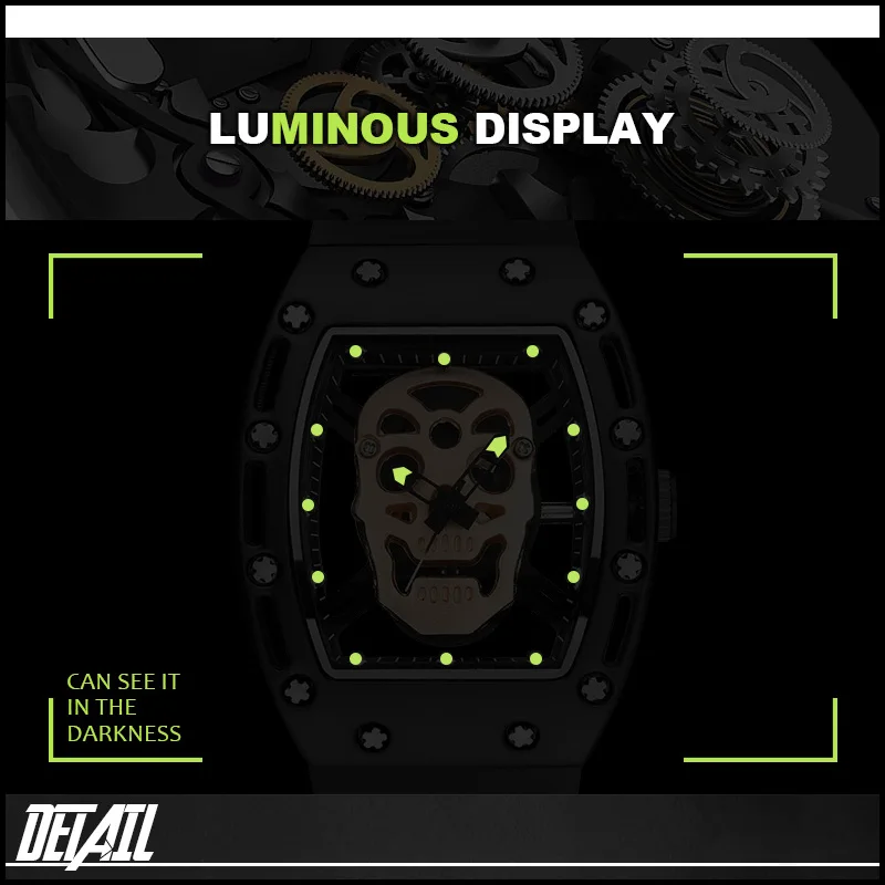 Skull Dial Mens Watches Fashion Tonneau Black Punk Style Quartz Wristawatch Sport Skeleton Male Cool Clock for Halloween Gift