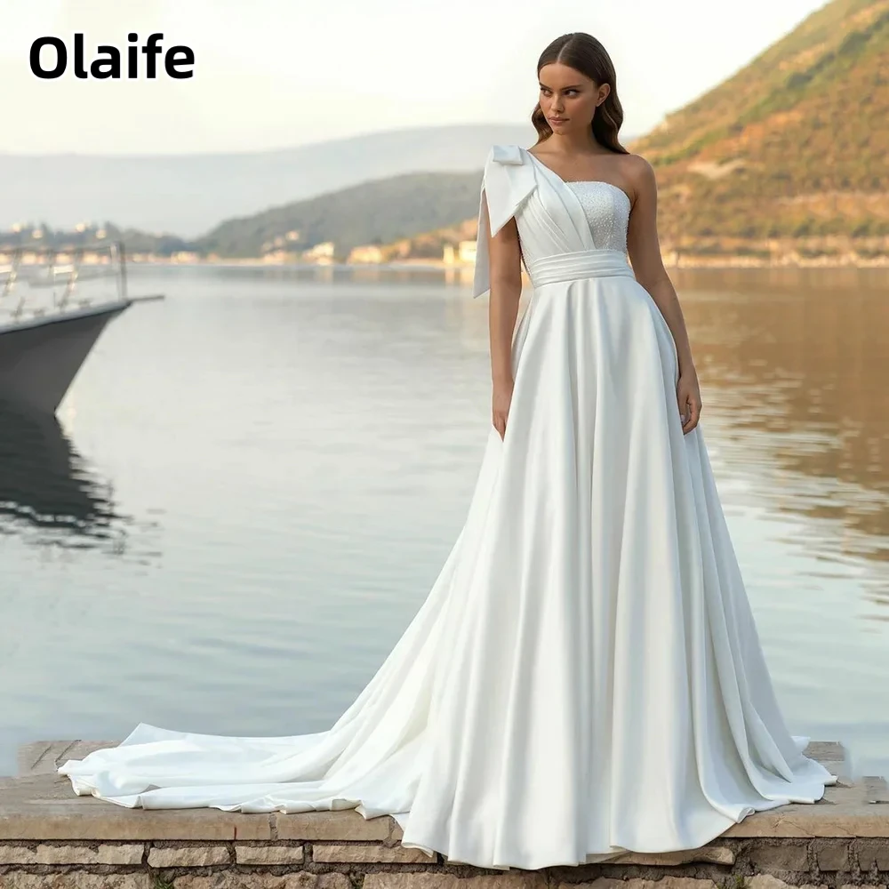 Olaife Chic A-Line Satin Wedding Dresses One Shoulder Beading Bridal Gowns Zipper  Sweep Beach Brides Dresses Robes de mariée