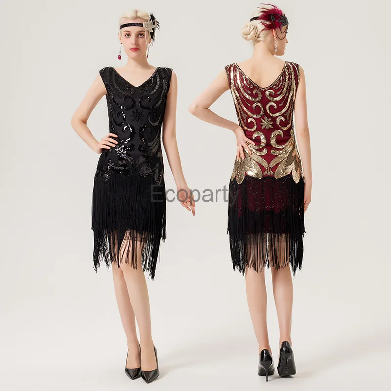 

1920s Vintage Dress Beaded Sequin Flapper Dresses Prom Wedding Women Retro Dress V-Neck Beaded Fringed Fashion Tassels Vestidos