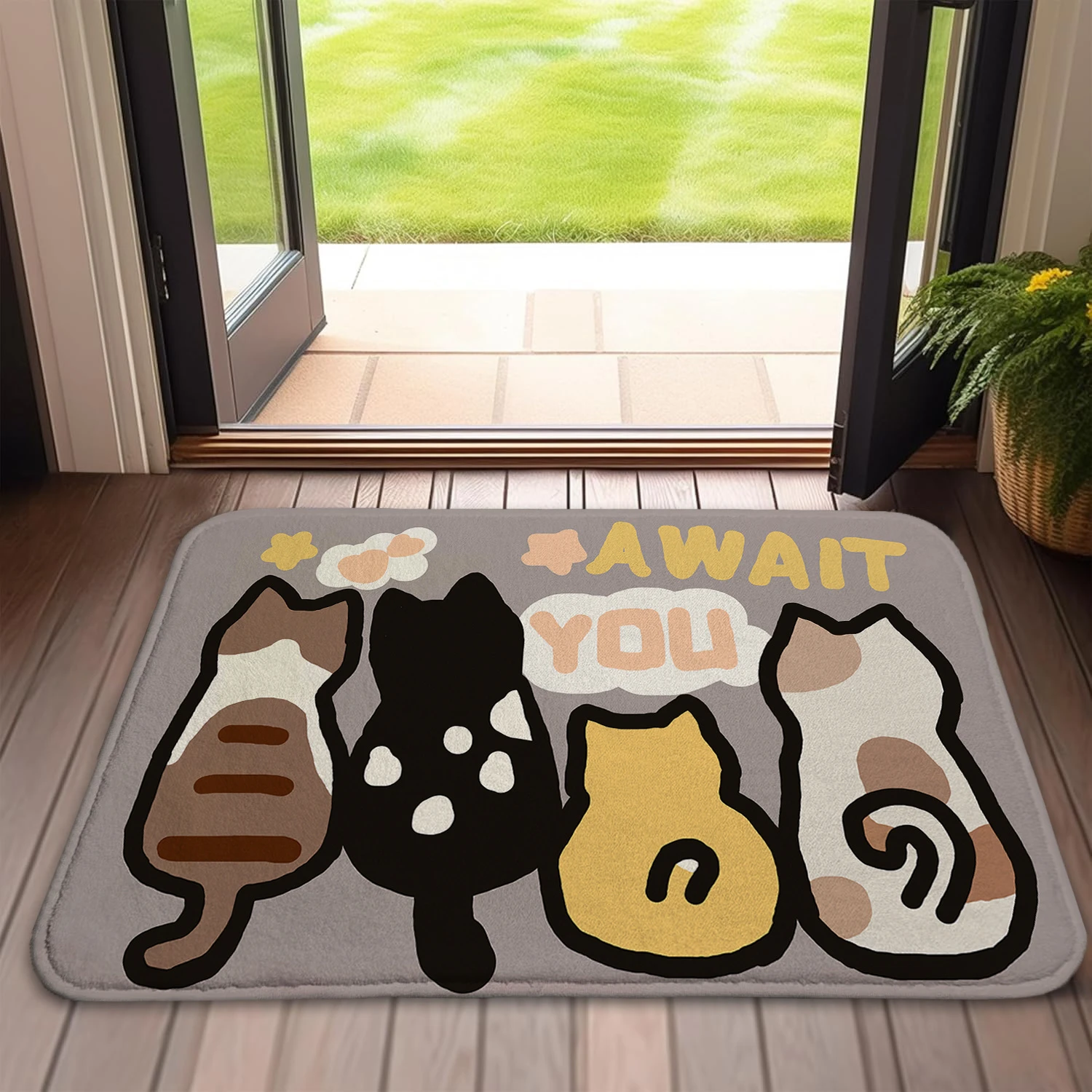 VIKAMA Cute Kitten Short-Pile Doormat with Back View, Soft and Absorbent Entryway Mat, Bedroom Decorative Rug, Home Decor
