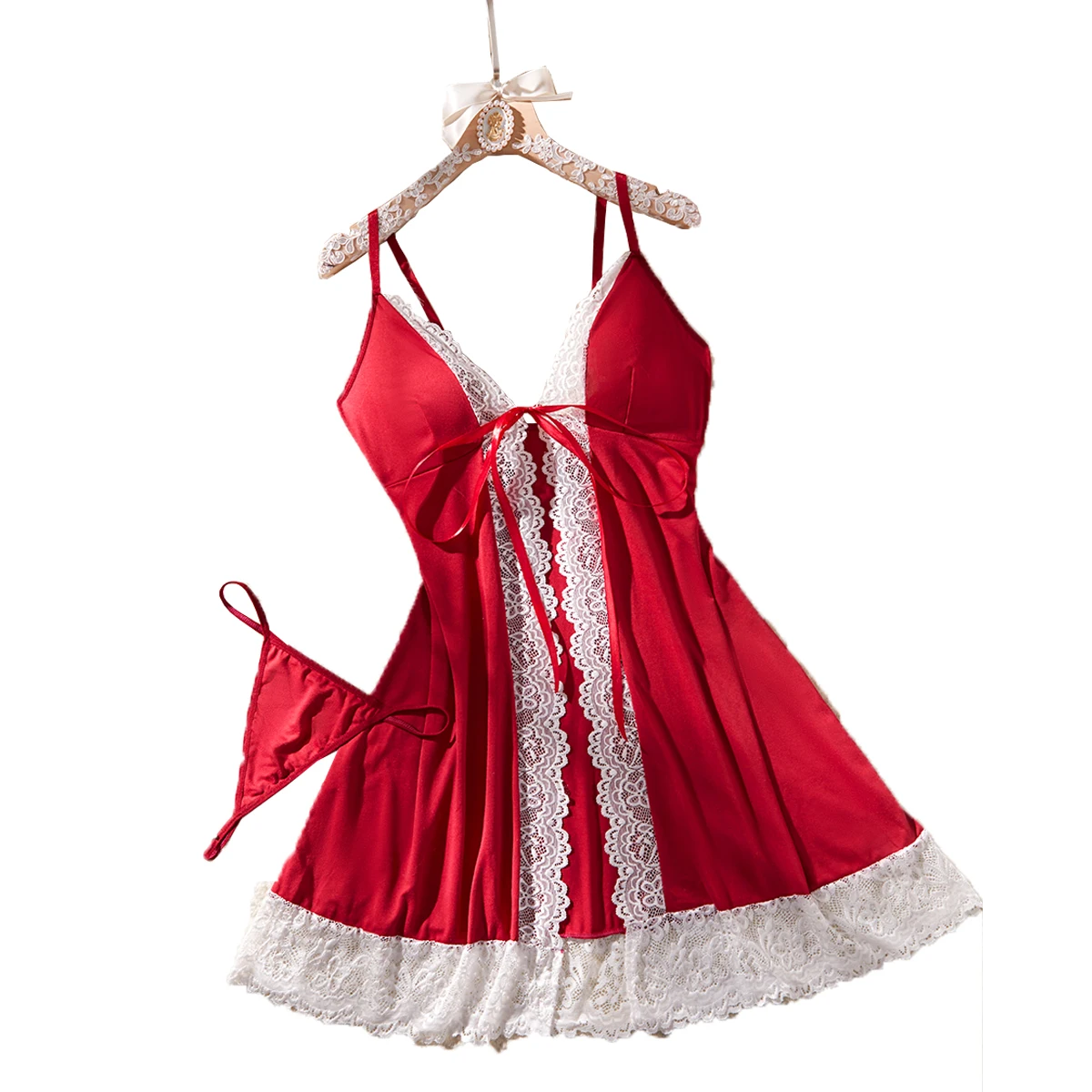 Women's Red Satin Nightgown With White Lace Insert & Bow Tie Sleepwear