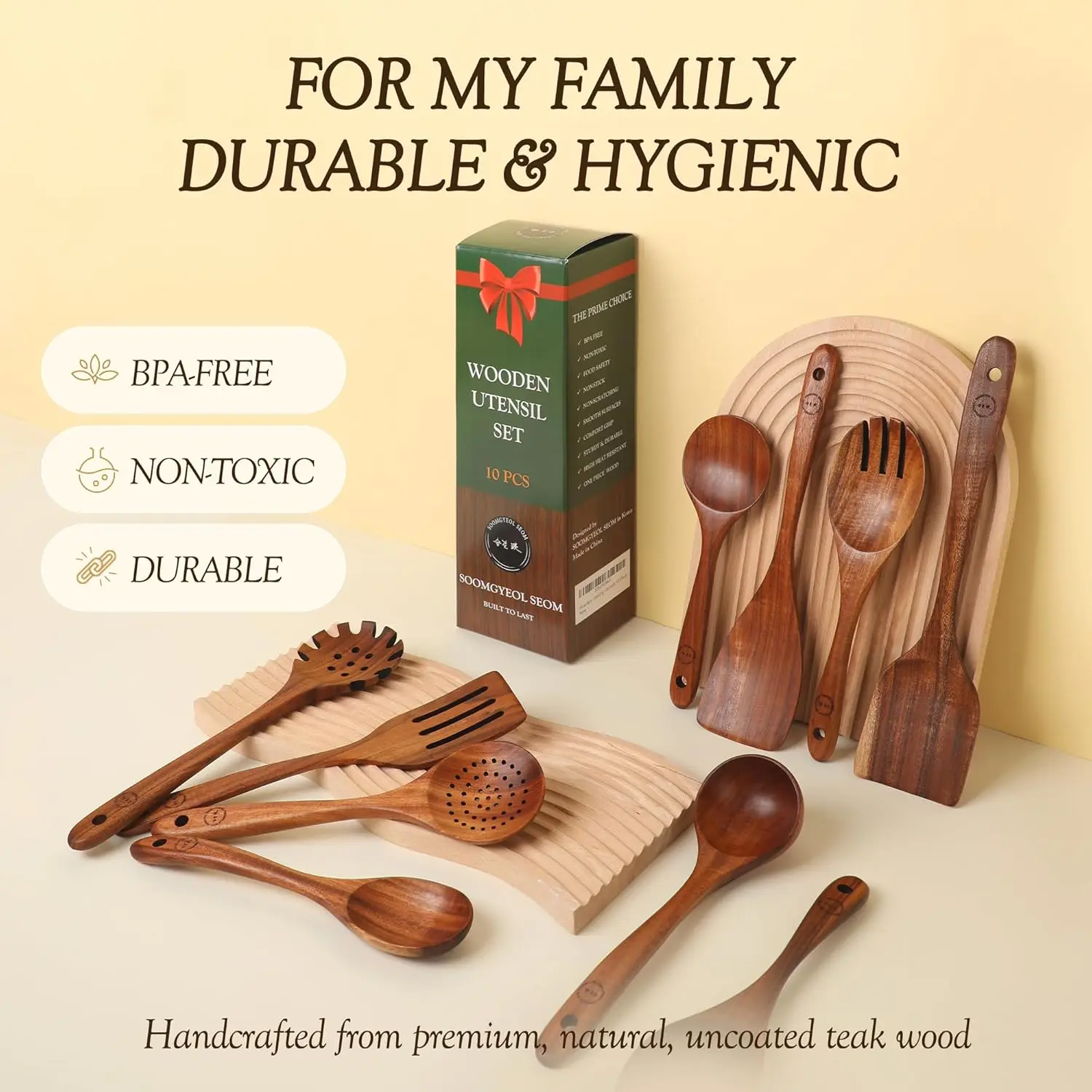 den Spoons For Cooking - 10 Pcs Teak Wood Cookware Utensil Set With Smooth Finish - Non-Stick, Comfortable Grip - Durable,