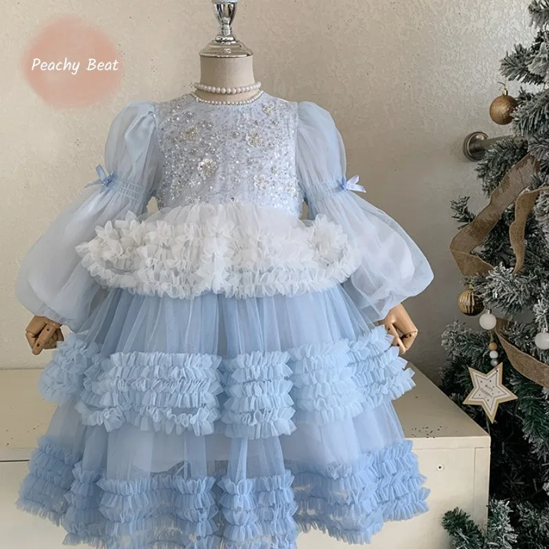 Baby Girl Princess Sequins Tutu Dress Long Sleeve Infant Toddler Child Vintage Tulle Vestido Birthday Party Baby Clothes 2-12Y