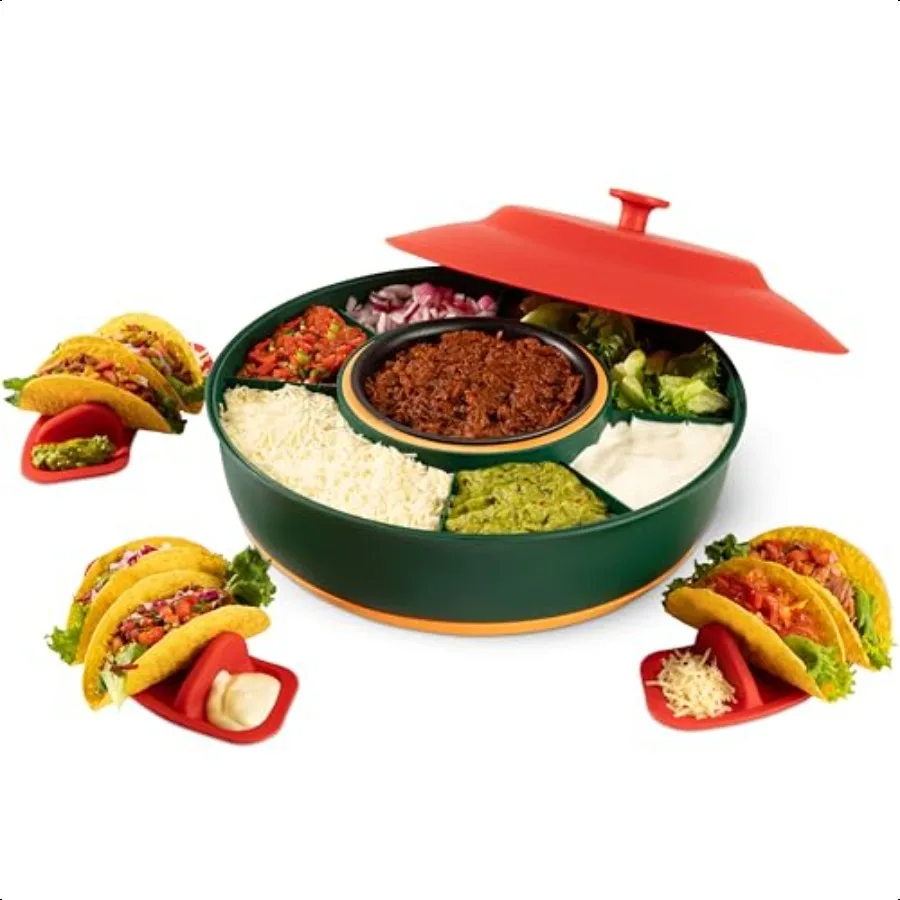 

Taco Tuesday Kit Taco Bar Сервировочный набор для вечеринки, 30 унций с подогревом, 4 держателя для тако, съемный поднос Lazy Susan Taco Night Fiesta