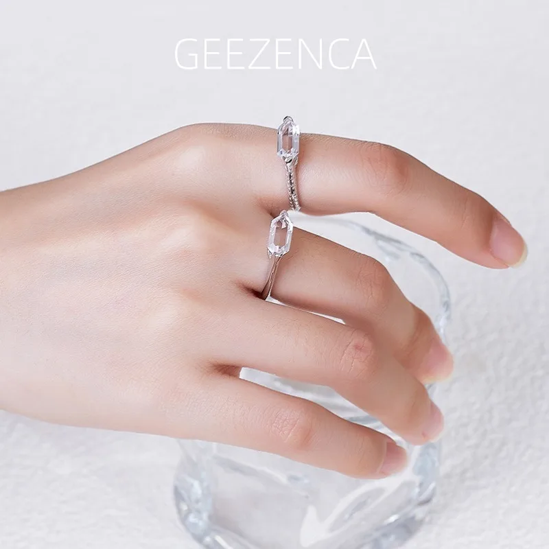 

GEEZENCA White Crystal 925 Silver Open Ring For Women Saddle Shaped Minimalism Chic Mix Match Layering Dainty Small Rings