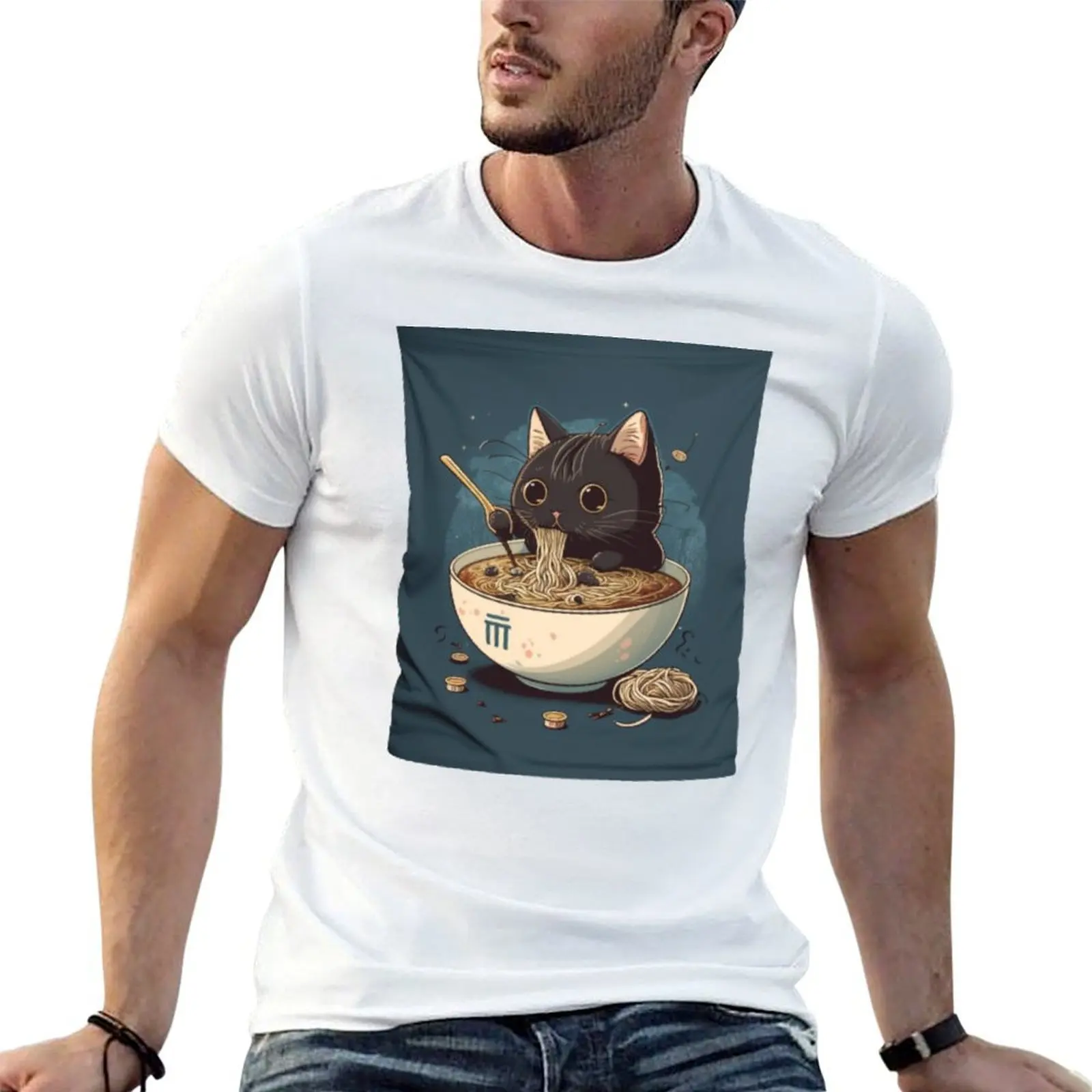 

black cat eating ramen T-Shirt man t shirt designer t shirt man luxury black cotton t-shirt plain for man package T-Shirt