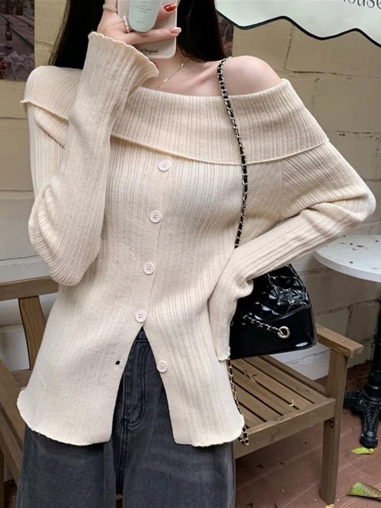 Off Shoulder Sweater Women Elegant Sexy Long Sleeve Tops Female Korean Fashion Split Slim Knitwear Autumn Thin Pullovers Ladies