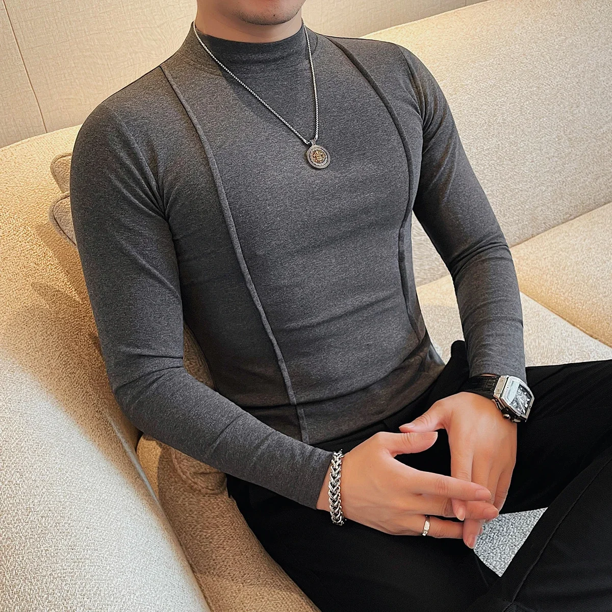 Line Decoration Semi-Turtleneck Long-sleeved T Shirt Men\'s Spring Autumn Solid Color Fashion Slim Fit T-Shirt Men Clothing 4XL-M