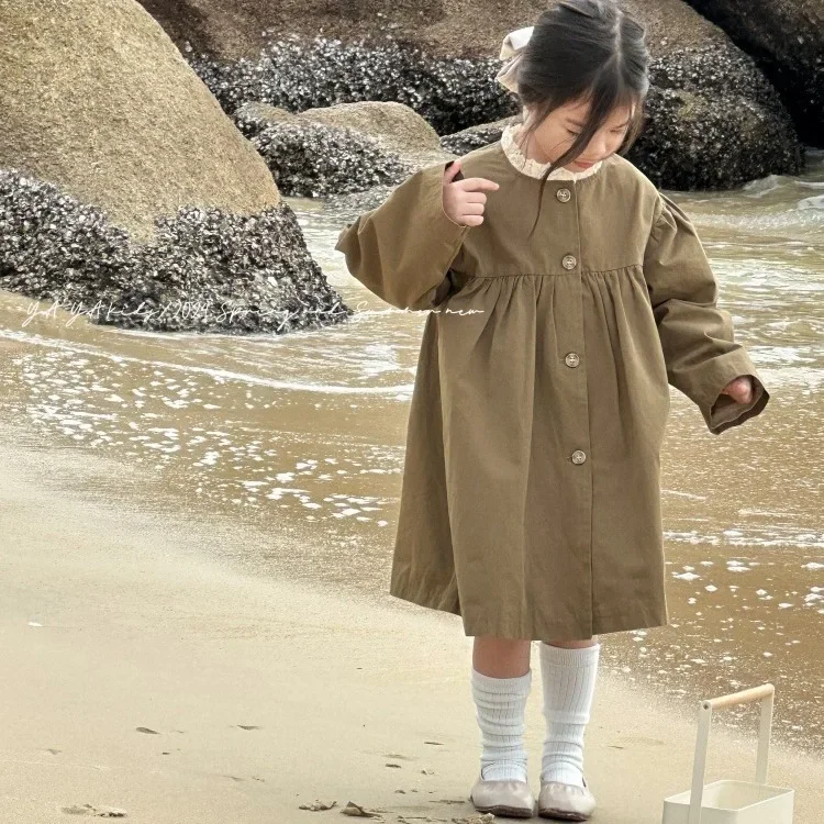 

Korean Trench Coat Girls 2025 Spring New High-end Temperament Wear Children's Medium and Long Lace Coat Fashion