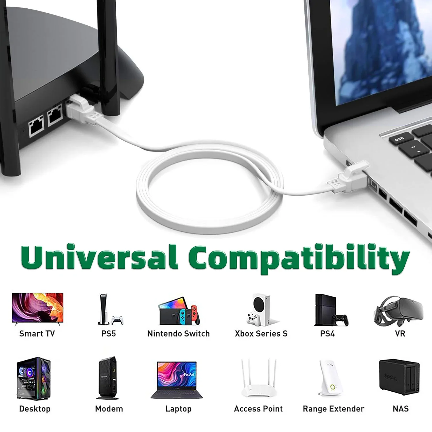 สีขาว Cat8 สาย Ethernet สาย Lan แบบแบนความเร็วสูง RJ45 40Gbps สําหรับเครือข่ายภายในบ้าน Router โมเด็มคอมพิวเตอร์, PC, ps4, ทีวี, แล็ปท็อป
