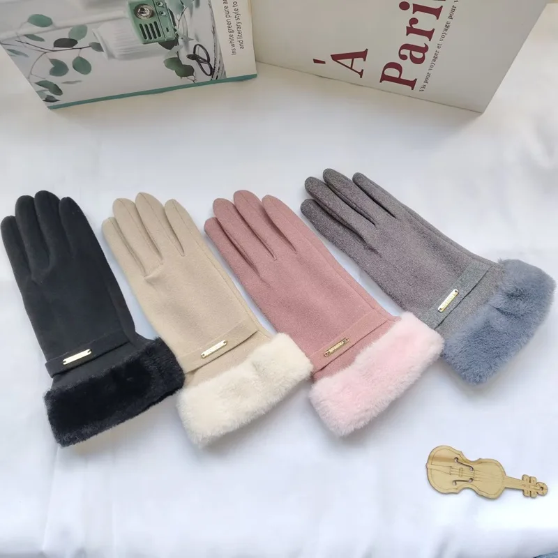 قفازات نسائية مخملية جديدة ذات فم معدني مخملي شتوي مقاوم للرياح ودافئ تعمل باللمس