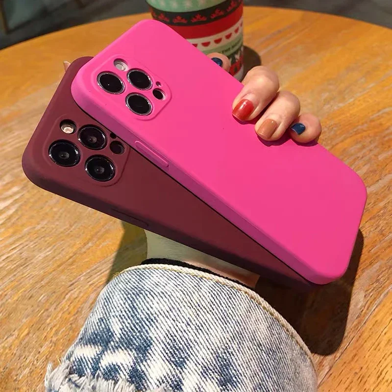 1DS casing ponsel silikon cair kotak, pelindung penuh untuk iPhone 11 12 13 14 15 Pro Max Mini X XS Max XR 7 8 Plus SE2