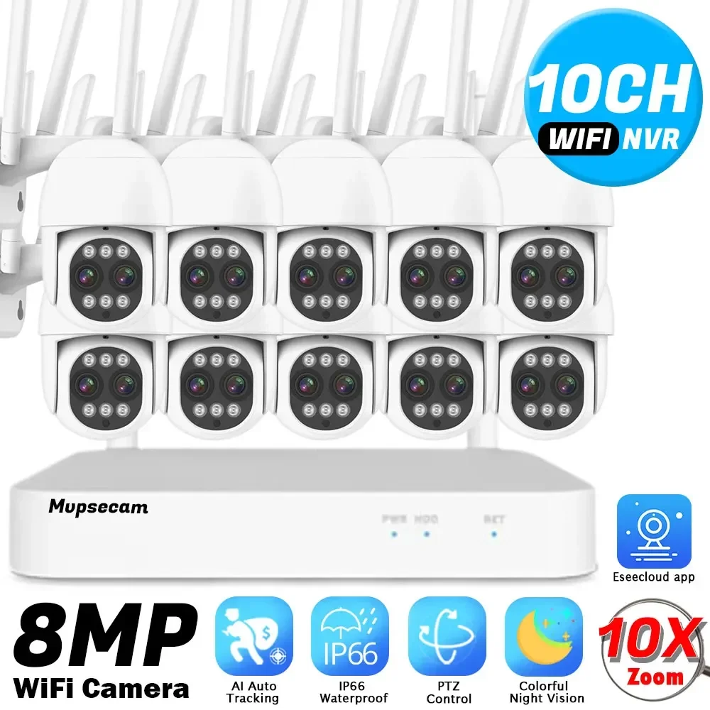 

WIFI IP Camera System 8MP 5MP 10CH NVR Wireless PTZ Camera Kit 2-way Audio 10X Zoom CCTV 4K Video WIFI Surveillance Cameras Set