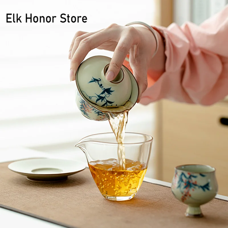 130ml Hand-paintd Wistria Flower Gaiwan Handmade Wheat-straw Yllow Ru Kiln Tea Tureen Tea Brewing Cover ciotola articoli da tè Craft