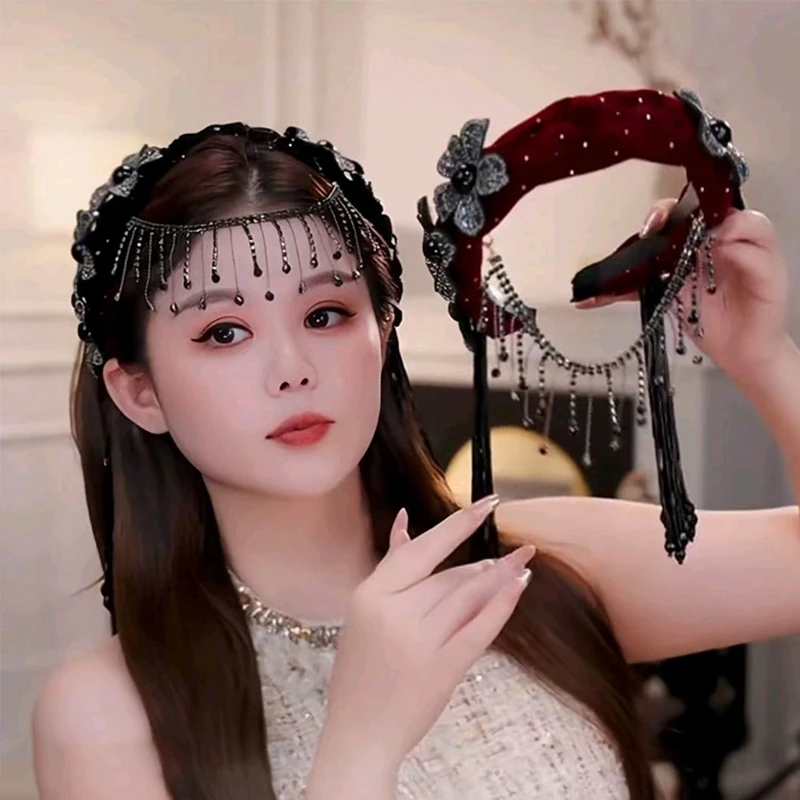 

Корейский ободок для волос с цветами и кисточками, изысканный, со стразами, широкий, блестящий, для вечеринок, праздников, украшение для волос