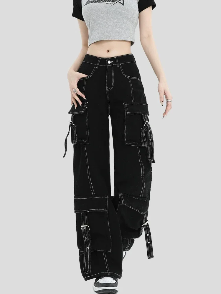 ADAgirl-Jean Cargo Noir pour Femme, Pantalon en Denim, Jambes Larges, Vintage, Baggy, Poches, Coréen, Hip Hop, Décontracté, FJJM, Harajuku, Y2K