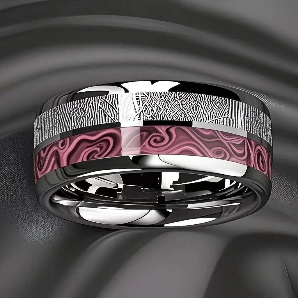 Fashion Pink Marbled Texture & Meteorite Inlay Rings 8mm Silver Color Men Stainless Steel Rings for Men Women Wedding Jewelry