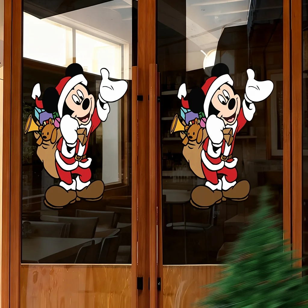 1 ملصق نافذة عيد الميلاد من ديزني، سانتا كلوز ميكي مع تصميم حقيبة هدايا - مناسب للزجاج والجدران والثلاجة والمرايا وديكور الغرفة
