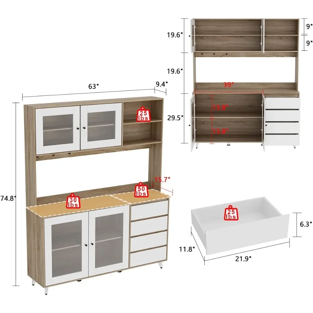 Large Kitchen Hutch Cabinet, Storage Cupboard Pantry with 4 Glass Doors, 4 Drawers & Microwave Shelf, for Kitchen Open Storage