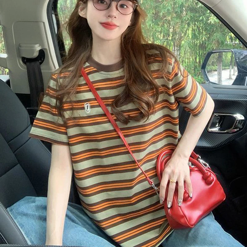 Summer Striped Letter Print Women O Neck Short Sleeve T Shirts Vintage Fashion Casual Teenager Loose All-match Tops Tee Khaki