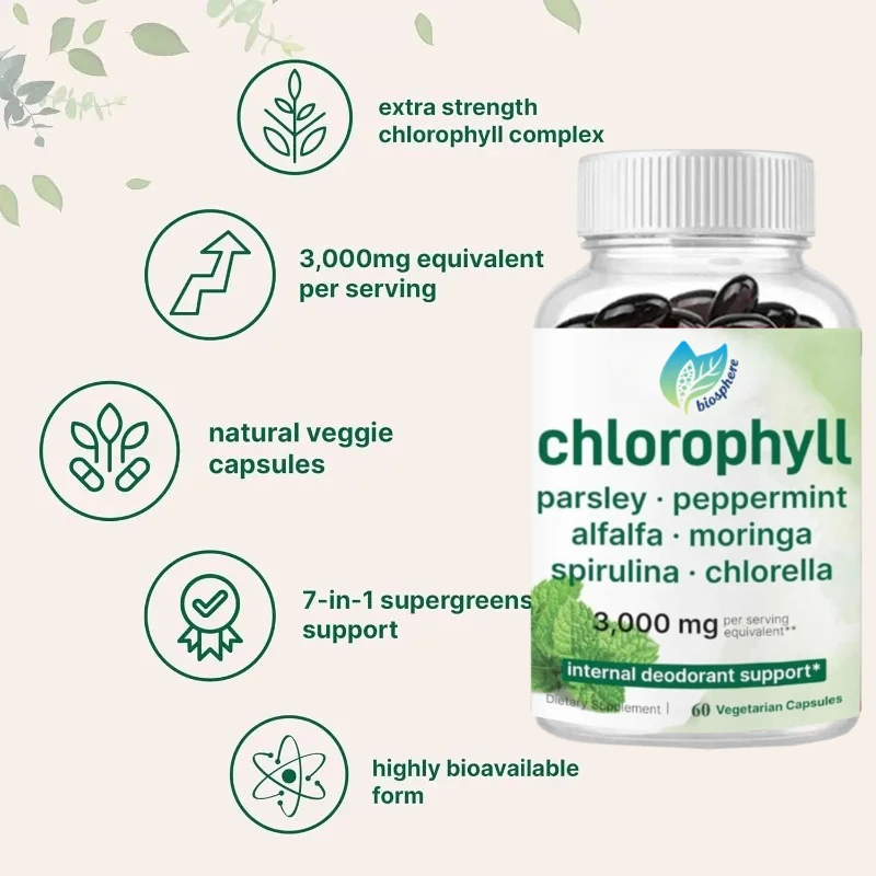 

Хлорофилл-Внутренний дезодоратор, содержит Alfalfa, Моринги, Спирулины и хлореллы, 60 капсул, 3000 мг