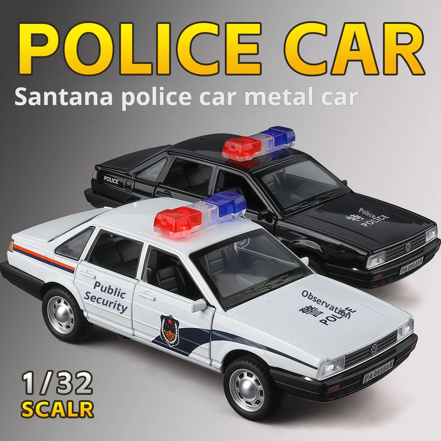 1:32 escala santana liga carro de polícia modelos fundidos portas abertas luz sonora puxar para trás veículo em miniatura para menino ornamento popular
